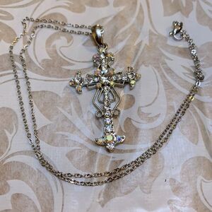 Aurora Borealis Rhinestone Cross 2” on Silver Tone Chain 18” Gorgeous